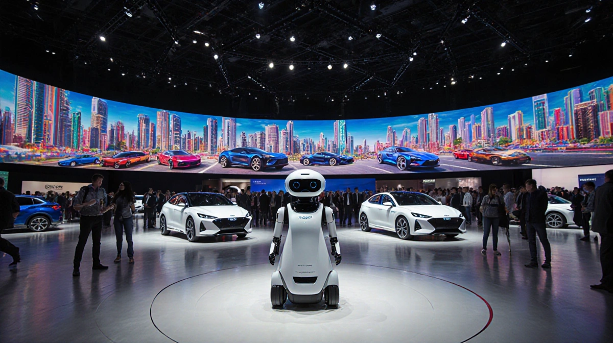Hyundai robot stands with autonomous vehicles and bright screens showing futuristic cars at CES