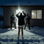 U.S. citizen standing alone in snowy street at dusk, hands raised in distress near window reflection of ICE agents.