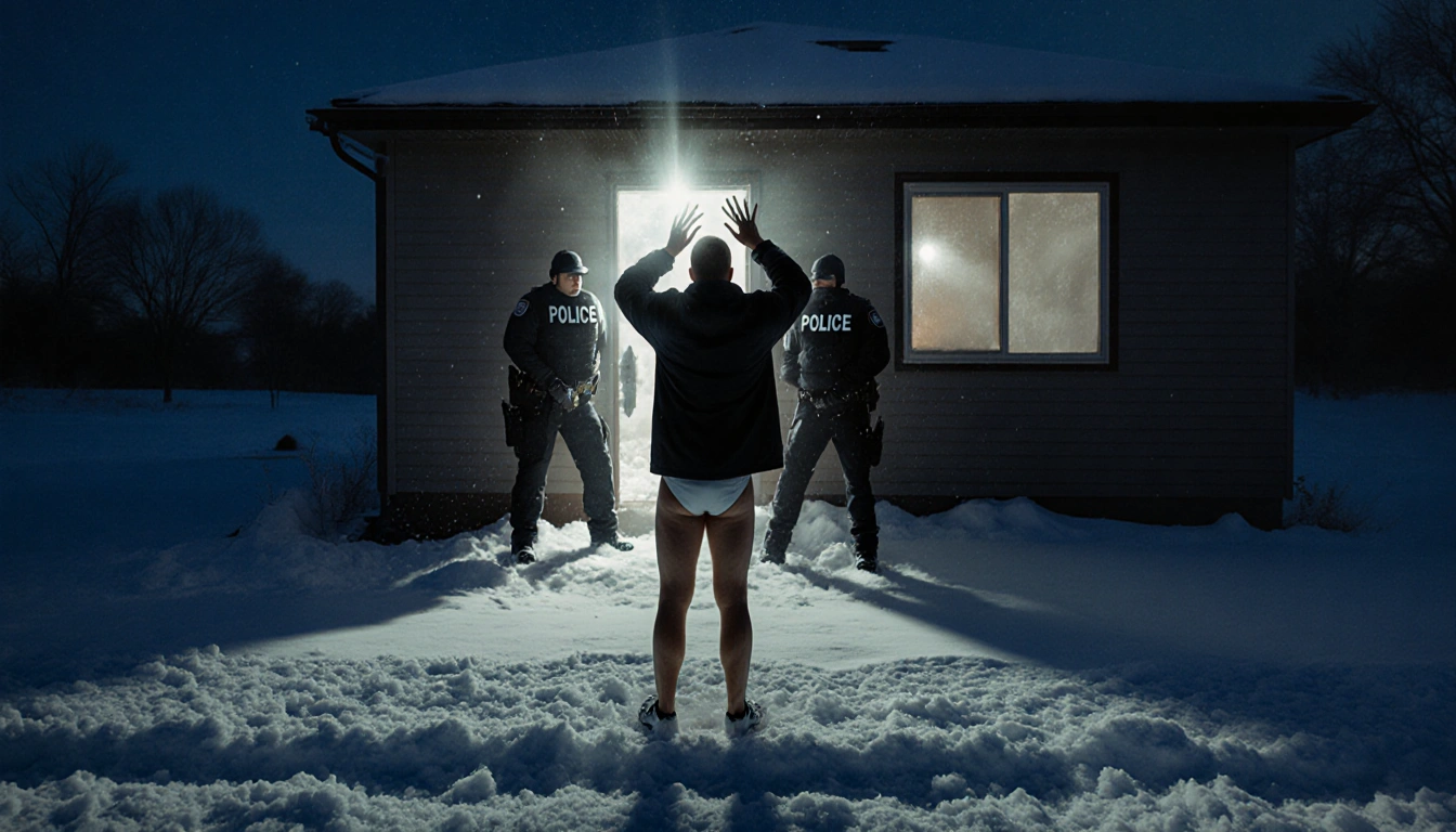 U.S. citizen standing alone in snowy street at dusk, hands raised in distress near window reflection of ICE agents.