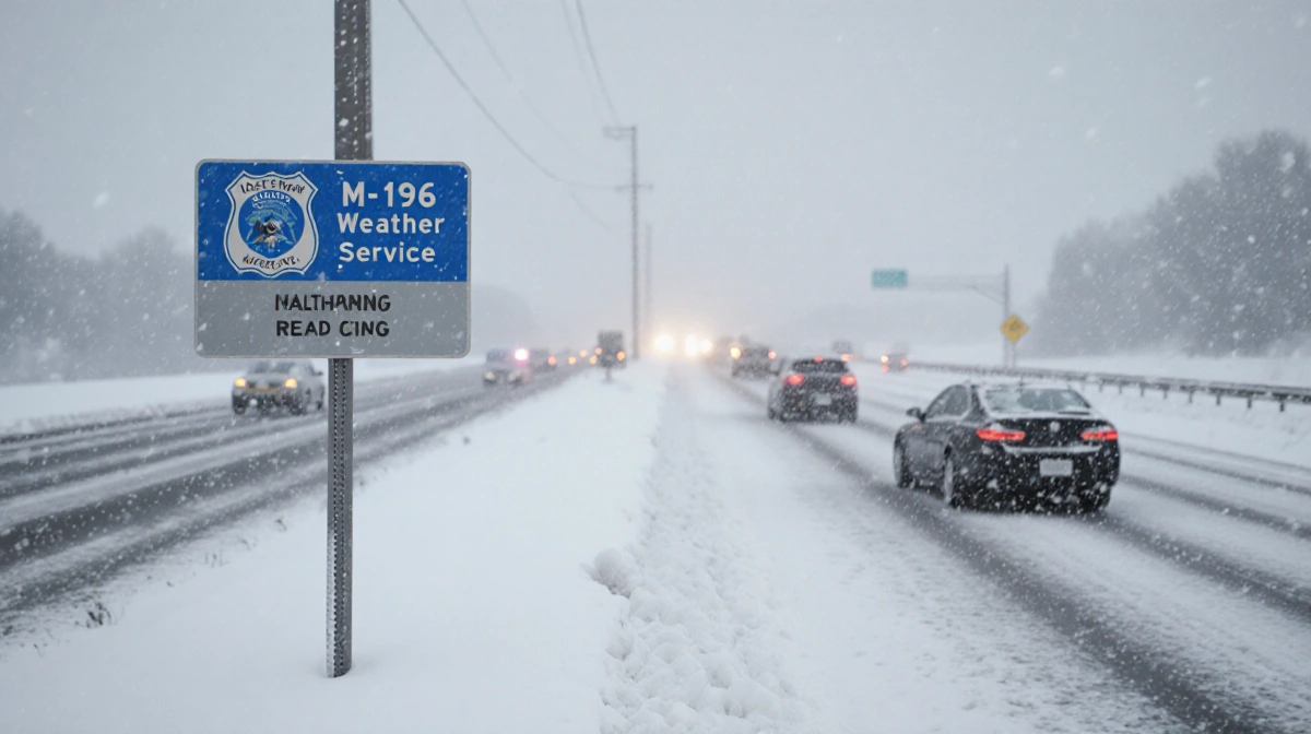 Cars stranded on snow-covered I-196 highway with warning sign showing whiteout conditions and blurred vehicles in distance