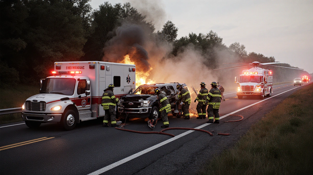 Emergency crews cutting open crashed vehicle with rescue tools and medevac helicopter waiting near I-78 wreckage
