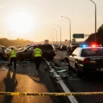 Emergency responders assist at multi-vehicle crash on I-78 with overturned cars and police lights flashing