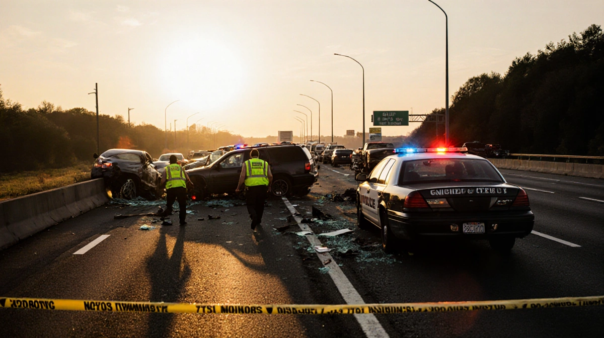 Emergency responders assist at multi-vehicle crash on I-78 with overturned cars and police lights flashing
