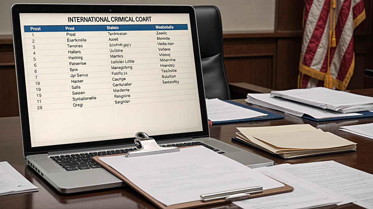 ICC judge's desk holds a clipboard listing names including Prost and suspects with a faint U.S. flag in the background.