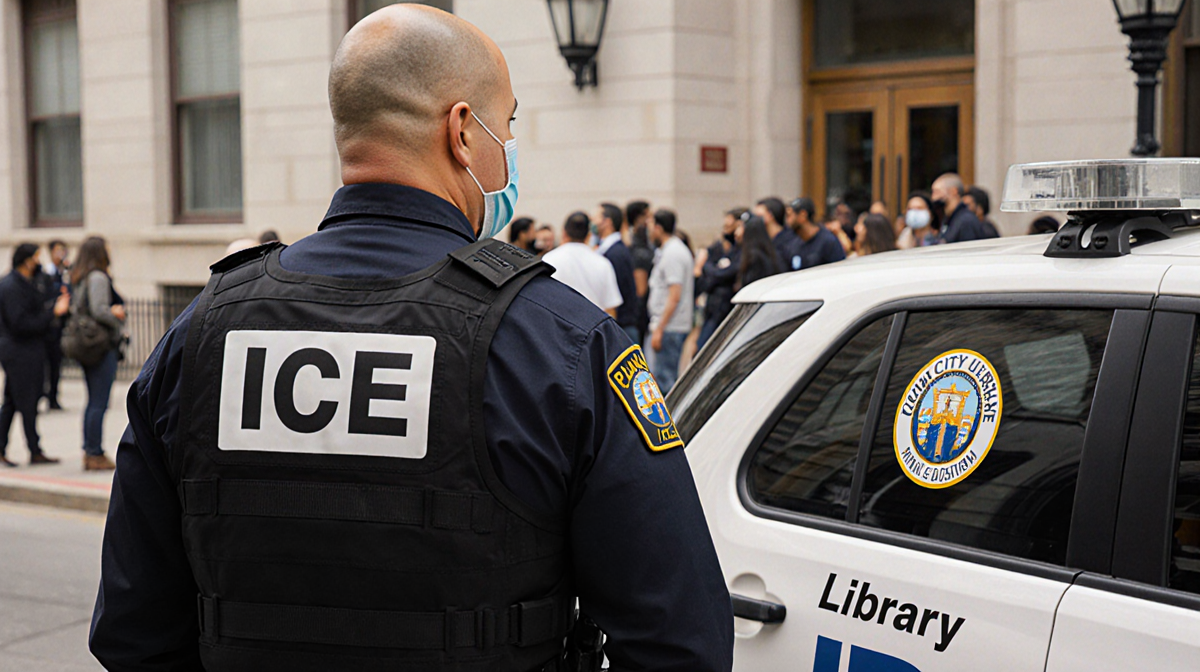 ICE agent standing outside a city library with clear face and city logo on vehicle and blurred crowd in background