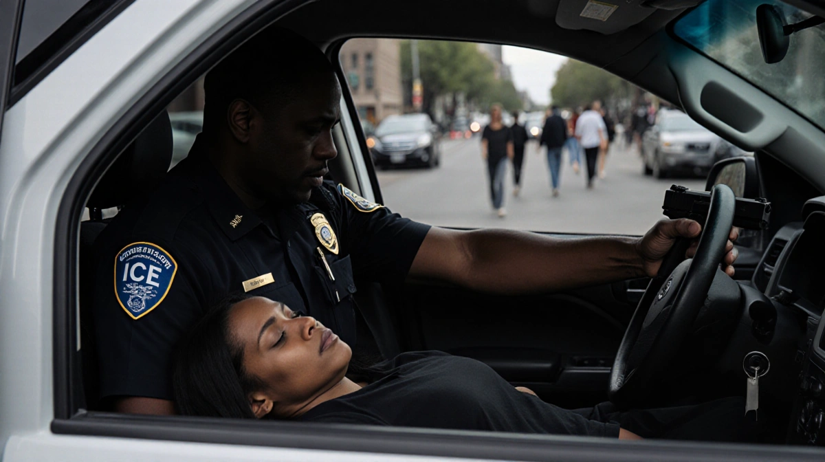ICE officer holding gun with slumped body visible in backseat and blurred Minneapolis street behind