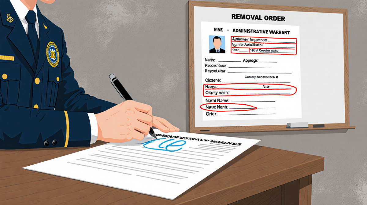 ICE official signing an administrative warrant with a red pen near a whiteboard showing a removal order and a person's name.