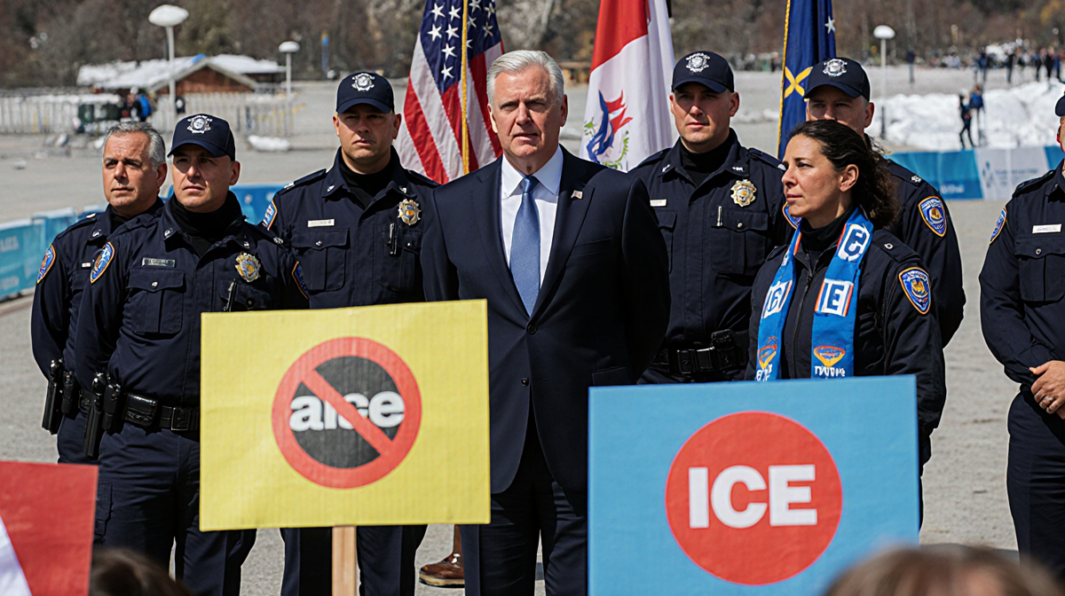 Vice President Vance stands at venue while ICE agents in uniforms hide behind him and protestors hold anti‑ICE signs.