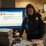Stressed immigration officer reviewing files at cluttered desk with computer showing ICE error notification and office in bac