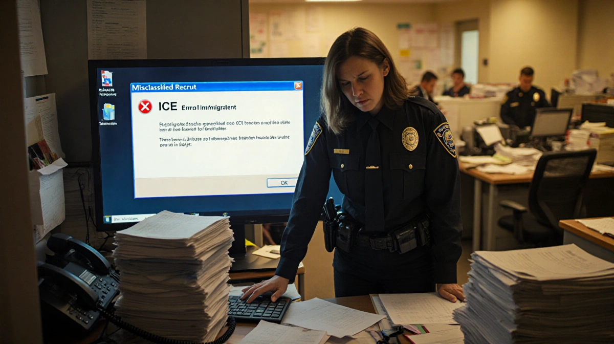 Stressed immigration officer reviewing files at cluttered desk with computer showing ICE error notification and office in bac