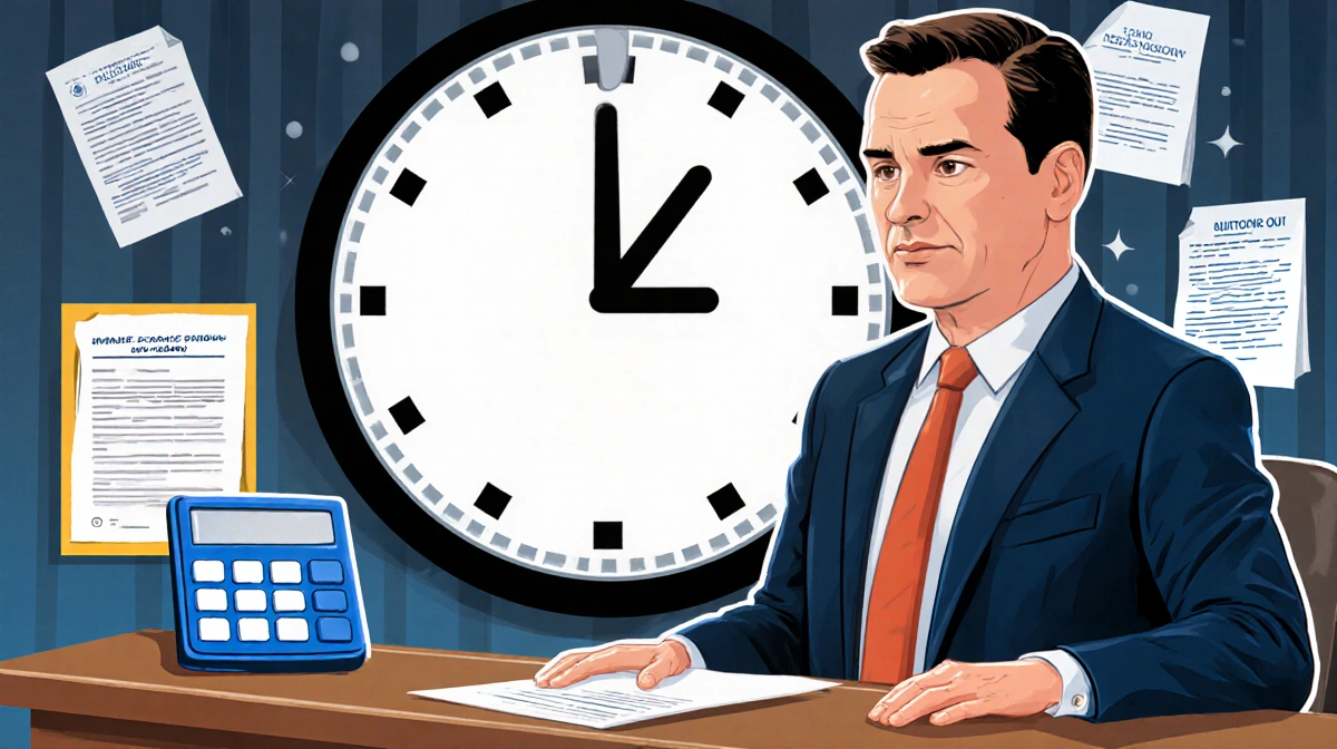 County official Mark Pinsley presenting evidence against ICE with a striking midnight clock and rent debt notices in courtroo