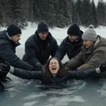 Rescue team pulling woman from frozen pond with ambulance lights flashing through winter trees