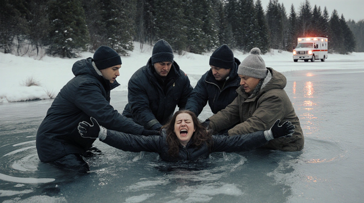 Rescue team pulling woman from frozen pond with ambulance lights flashing through winter trees