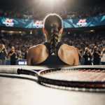 Iga Świątek sits at press table with abandoned racket and reporters in Australian Open background.