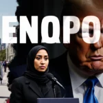 Rep Ilhan Omar speaking at podium with Trump face reflected in window and crowd in Minneapolis