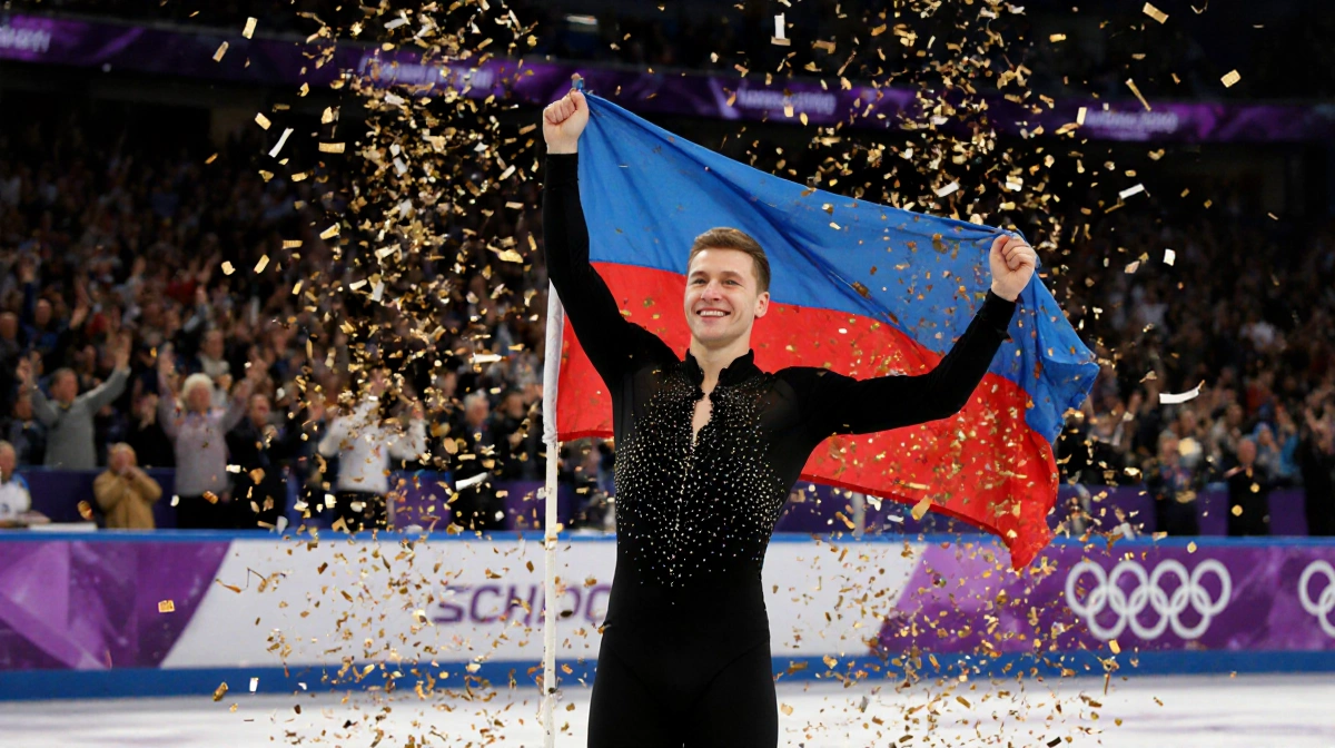 Ilia Malinin celebrates victory on ice with arms raised and confetti falling while flag waves behind him