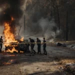 Person typing on laptop with blank screen showing no generated image