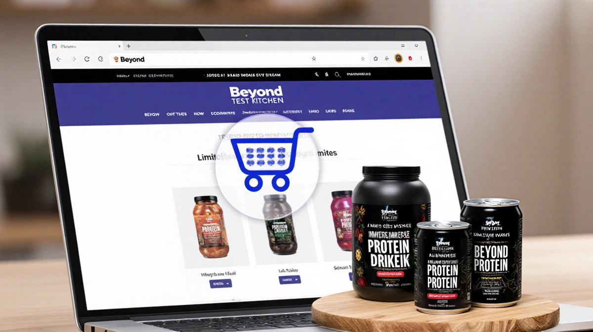 Create an illustration of a laptop or tablet computer displaying the Beyond Test Kitchen website on its screen, with a cart i