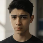 Young adult stands confidently outside immigration office with court documents visible and determination showing