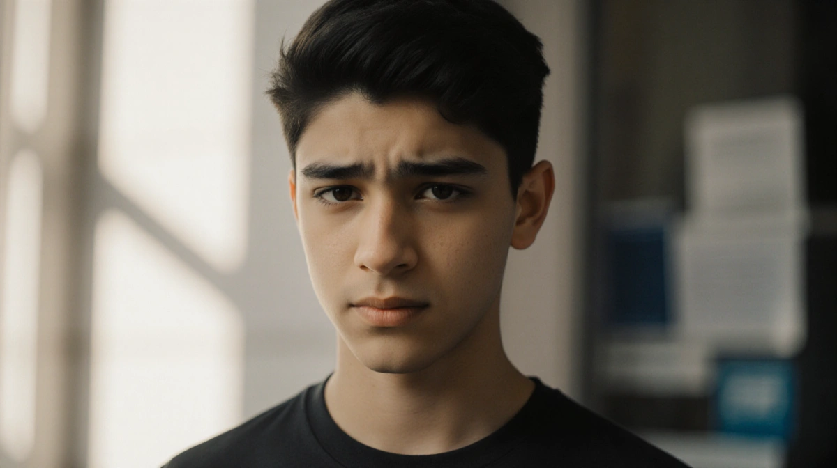 Young adult stands confidently outside immigration office with court documents visible and determination showing