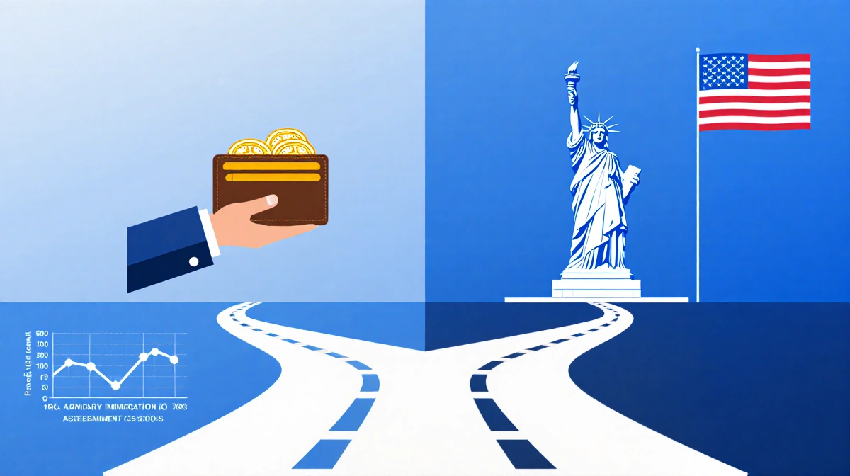 Split screen shows person holding wallet with coins converging with American flag and declining visa chart