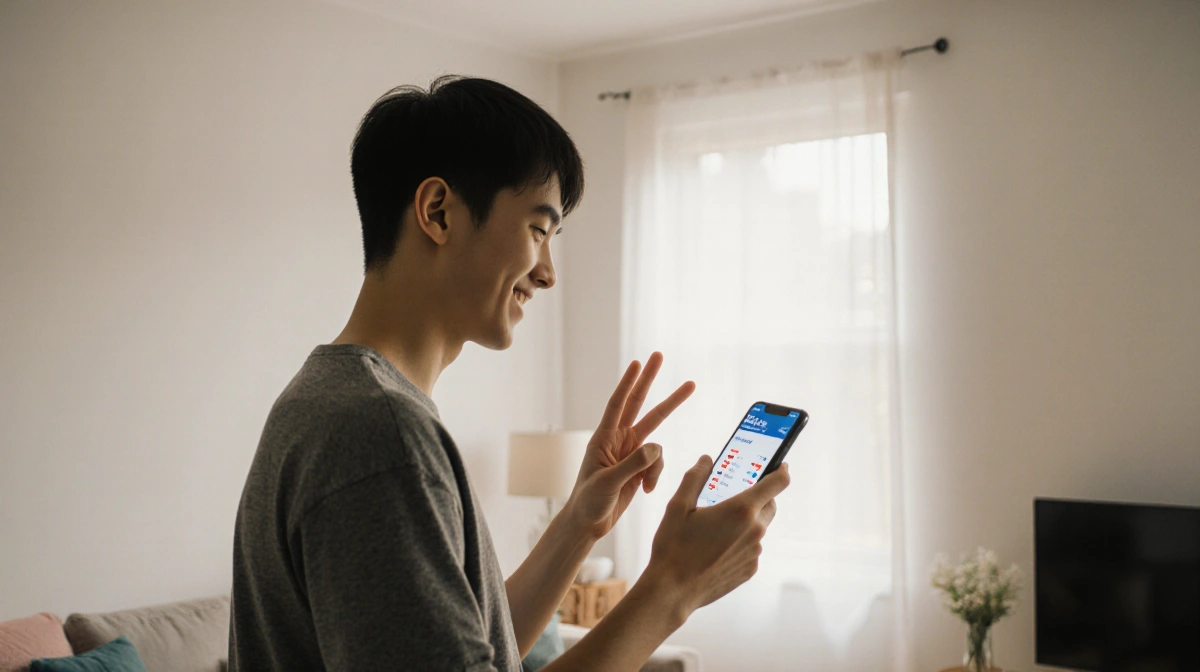 Young adult holds phone showing Gallup poll results with three fingers raised and soft light from window behind