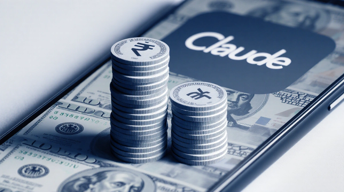 Indian rupee stack towering over smaller US dollar pile with smartphone showing Claude app in background