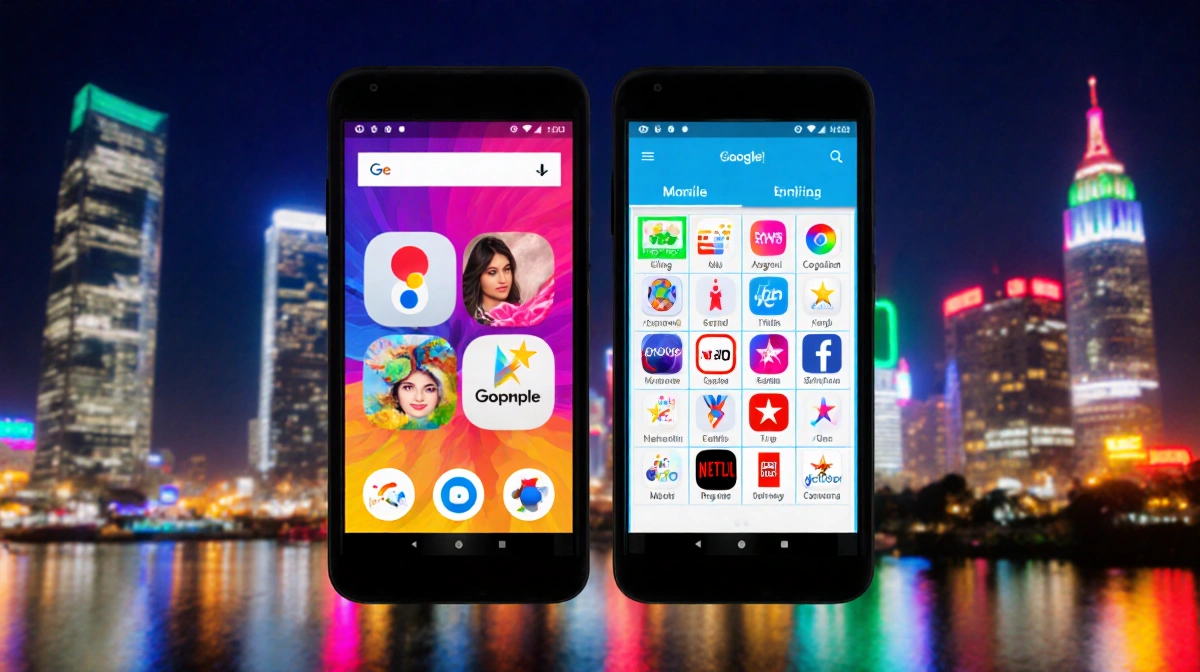 Smartphone screen glows with colorful AI assistant and streaming app icons against a blurred Indian cityscape with neon light