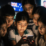 Young Indian children gather around smartphone with screen glow and blurred Australian billboards and some looking worried