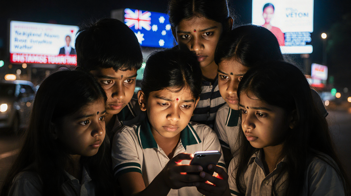 Young Indian children gather around smartphone with screen glow and blurred Australian billboards and some looking worried