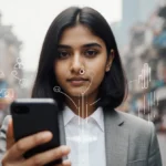 Young Indian woman demonstrating voice assistant technology with smartphone interface and Mumbai skyline behind
