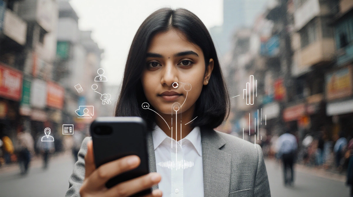 Young Indian woman demonstrating voice assistant technology with smartphone interface and Mumbai skyline behind