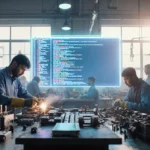 Indian workers welding and assembling machinery with AI interface showing code on central screen