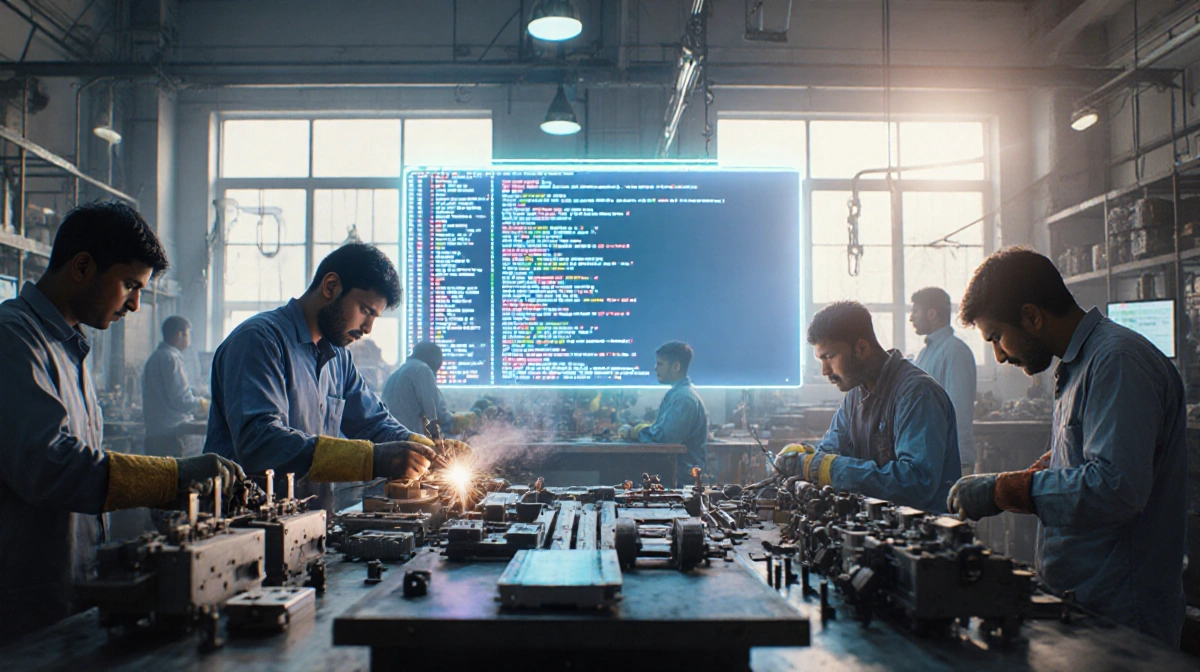 Indian workers welding and assembling machinery with AI interface showing code on central screen