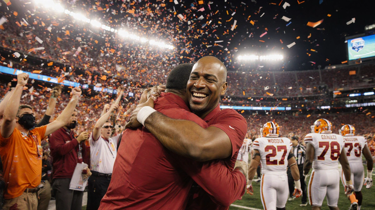 Hoosiers fans celebrate Indiana football championship with confetti and coach Woodson embracing players while Miami players e