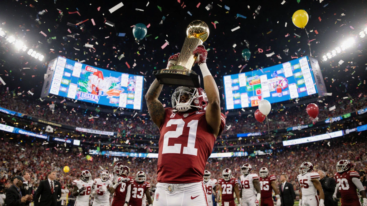 Indiana football player lifts championship trophy with confetti and stadium lights while screens show semifinal scores.