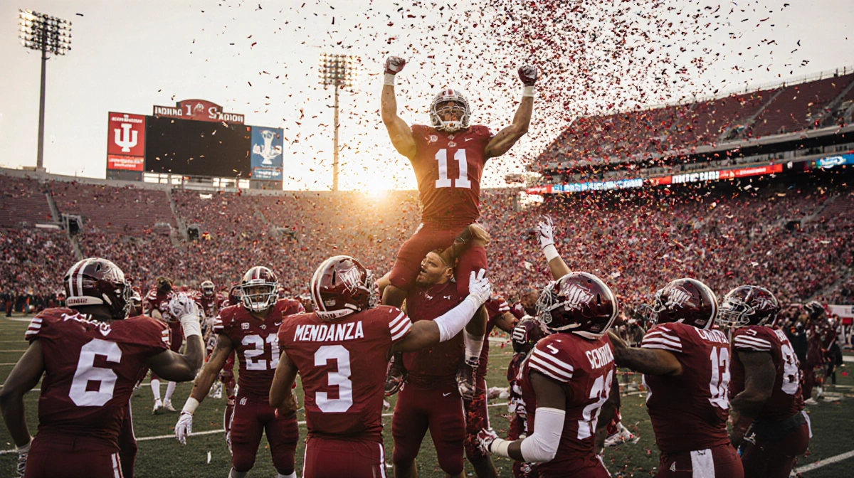 Indiana University team leaping and hoisting each other with Coach Curt Cignetti QB Fernando Mendoza raising arms sunset ligh