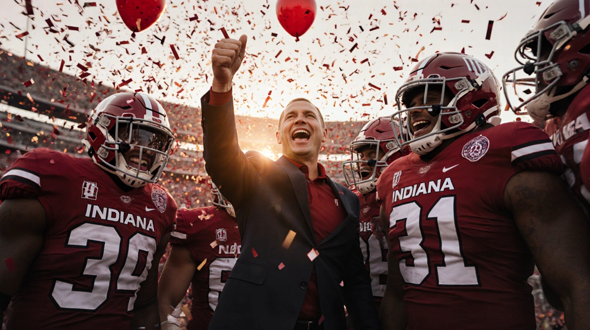 Indiana Hoosiers football team celebrating with confetti and balloons after taking lead over Miami in championship game