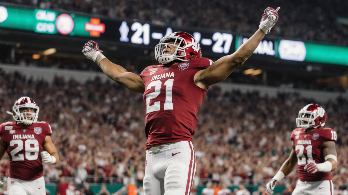 Indiana football player Fernando Mendoza leaping with arms raised and eyes closed celebrating touchdown with teammates near s