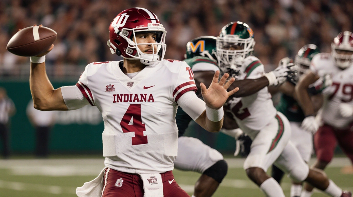 Indiana quarterback Fernando Mendoza throwing pass under pressure with Miami defenders reaching and motion blur showing game 