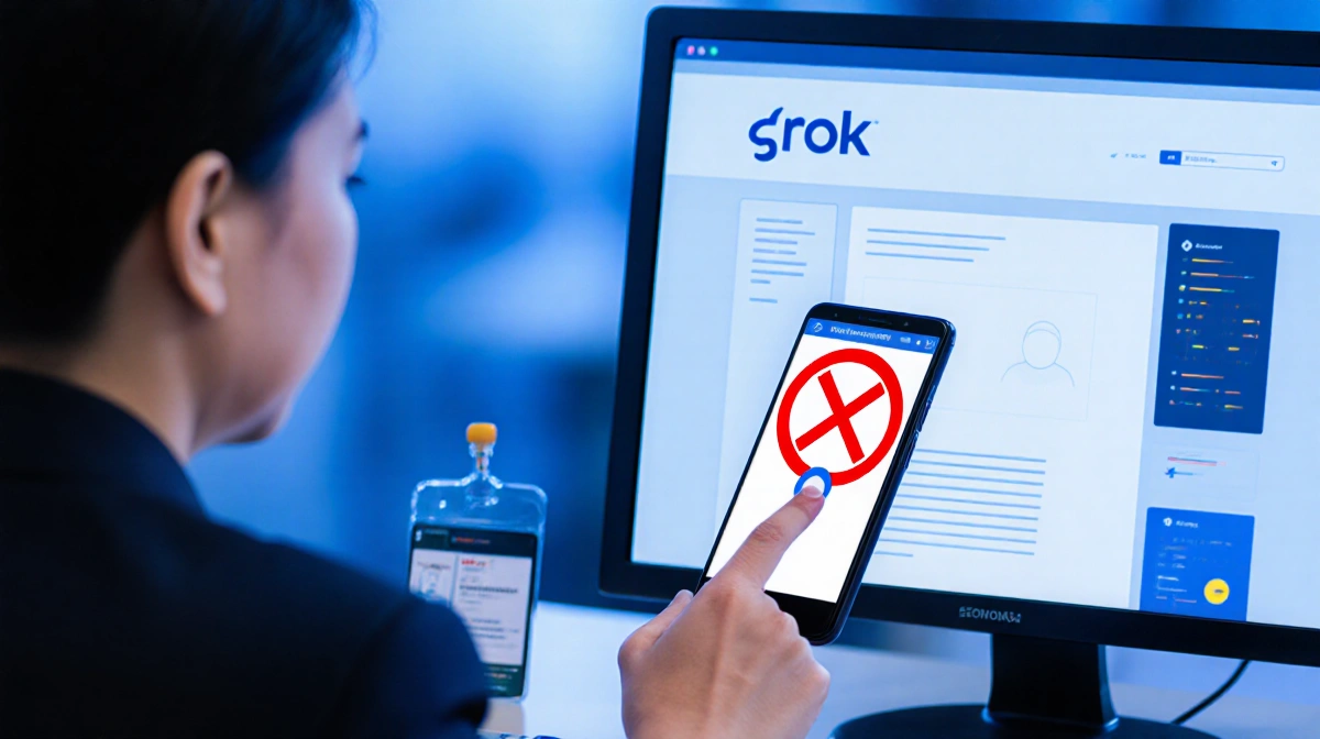 Minister Meutya Hafid blocks Grok on phone with red X over logo and government badge showing