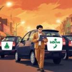 Young Pakistani driver checks his smartphone with inDrive car ads and colorful market stalls behind him