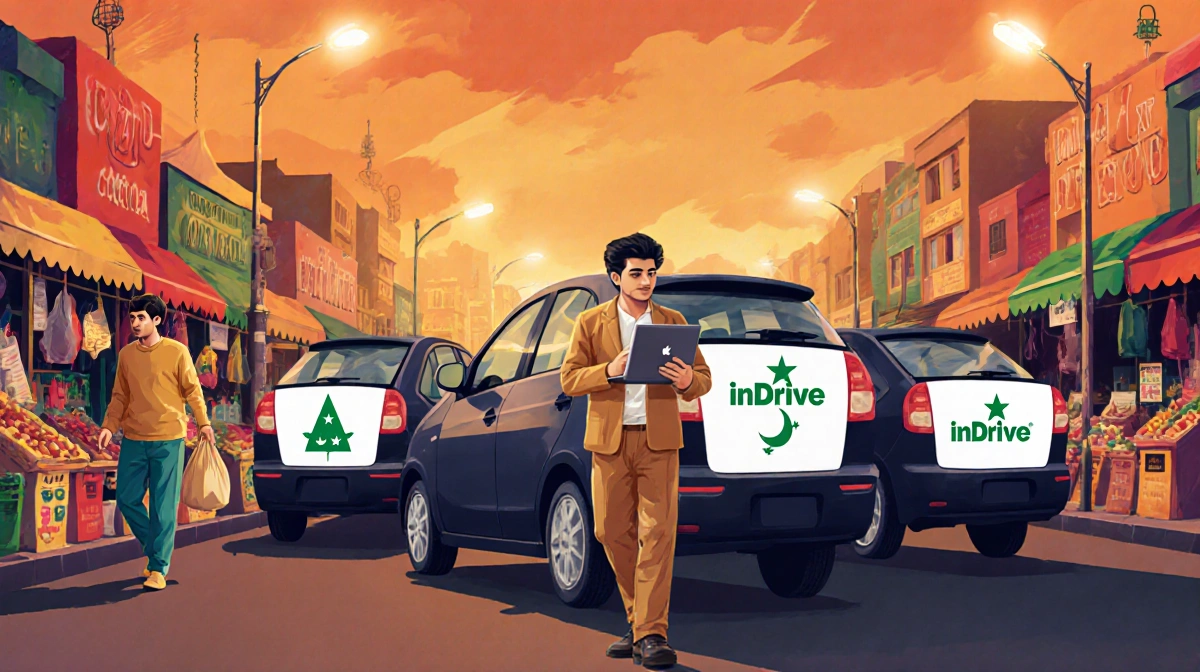 Young Pakistani driver checks his smartphone with inDrive car ads and colorful market stalls behind him