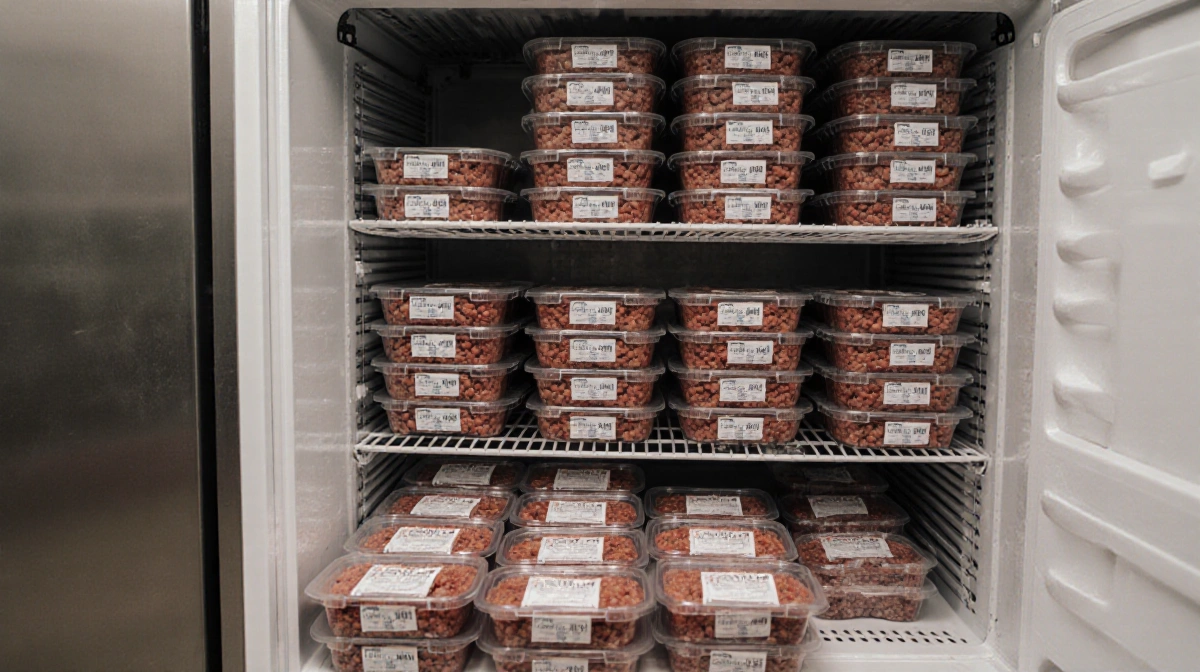 Industrial freezer storing 3000 pounds of ground beef with vacuum sealed containers and commercial kitchen backdrop