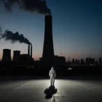 Lone hazmat worker gazes up at polluting smokestack with data center looming in dusk sky