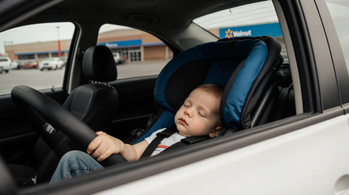 Sleeping infant lies in stroller with rear window open and Walmart parking lot blurred behind