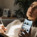 Influencer scrolling social media with journal in hand and plants on cluttered desk