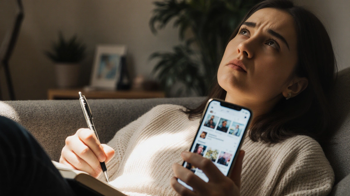 Influencer scrolling social media with journal in hand and plants on cluttered desk