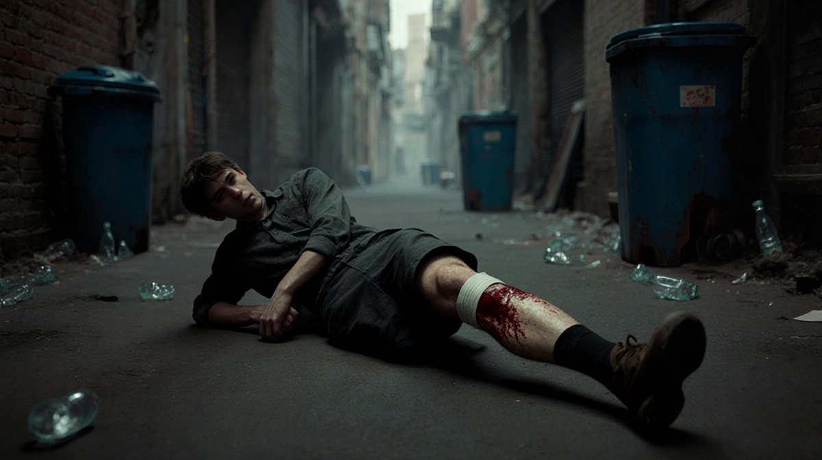 Young man lying on ground clutching injured leg with bloodstained bandage and trash scattered in dark alley