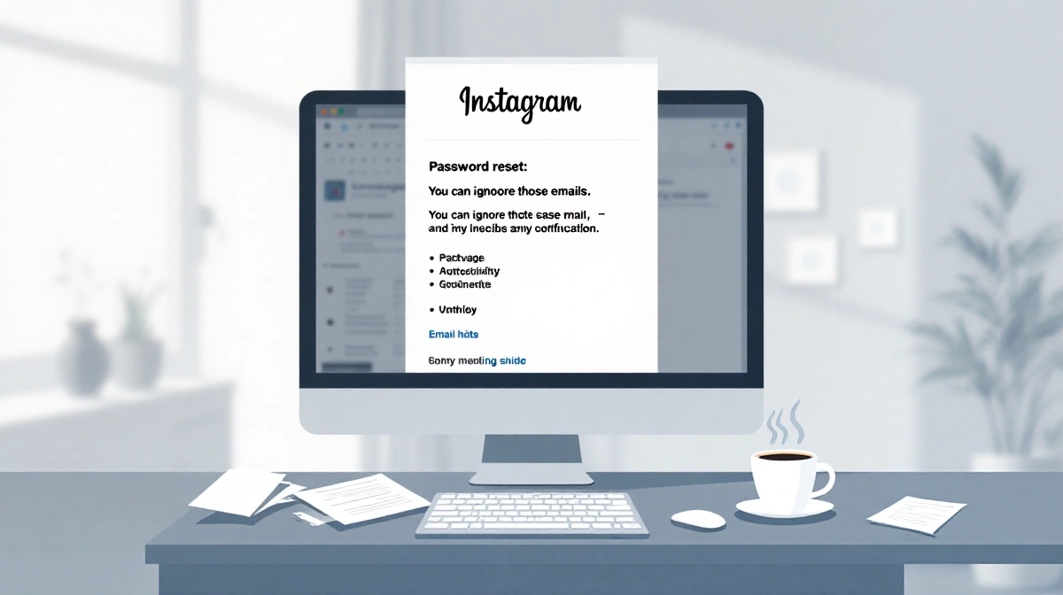 Computer screen shows Instagram password reset email with apology message and coffee cup on desk